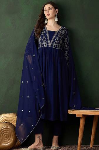 Navy blue ethnic motifs embroidered a-line kurta with trouser & dupatta