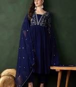 Navy blue ethnic motifs embroidered a-line kurta with trouser & dupatta
