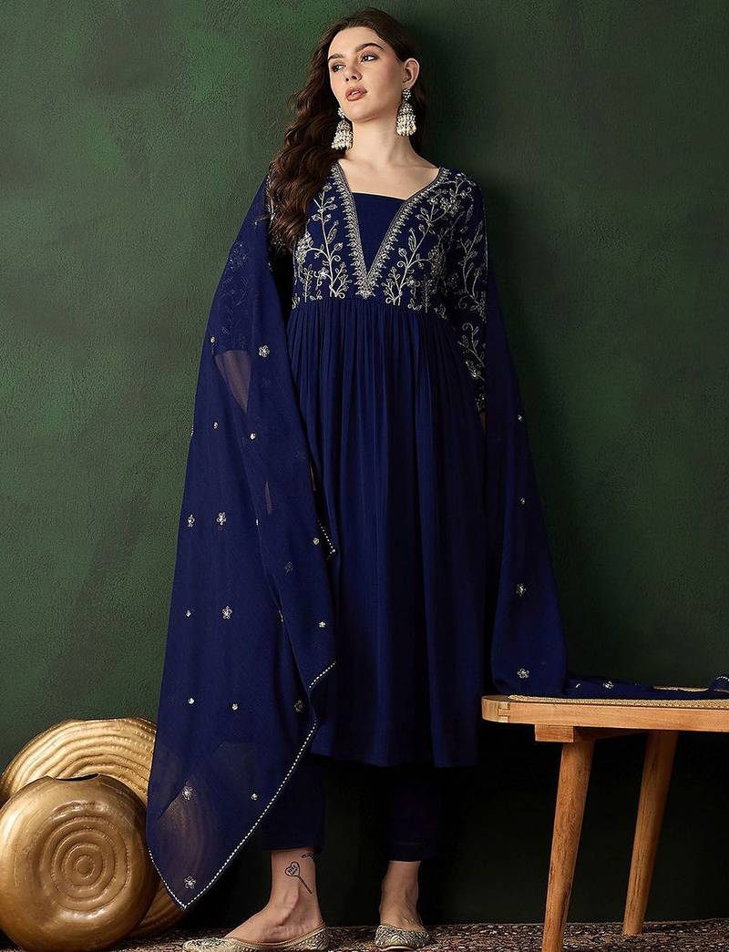 Navy blue ethnic motifs embroidered a-line kurta with trouser & dupatta