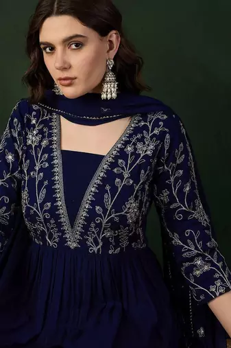 Navy blue ethnic motifs embroidered a-line kurta with trouser & dupatta