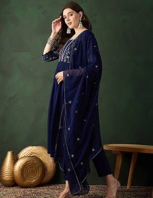 Navy blue ethnic motifs embroidered a-line kurta with trouser & dupatta 5