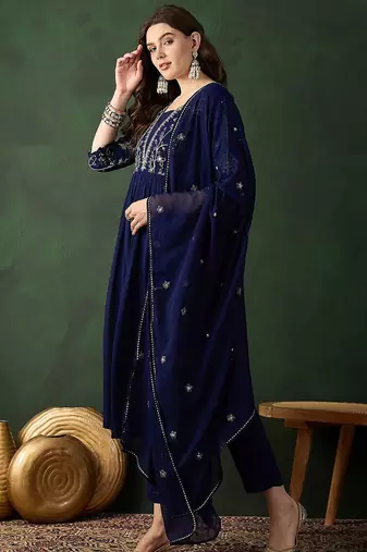 Navy blue ethnic motifs embroidered a-line kurta with trouser & dupatta