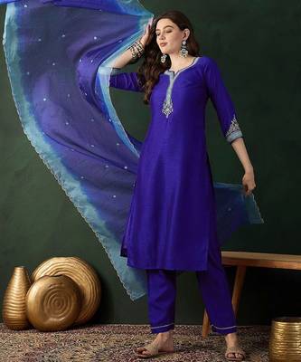 Blue floral embroidered notch neck straight kurta with trouser & dupatta 1
