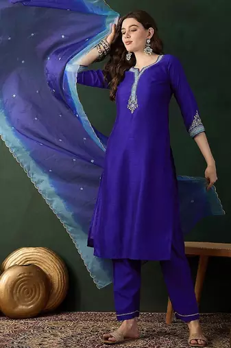 Blue floral embroidered notch neck straight kurta with trouser & dupatta