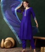 Blue floral embroidered notch neck straight kurta with trouser & dupatta