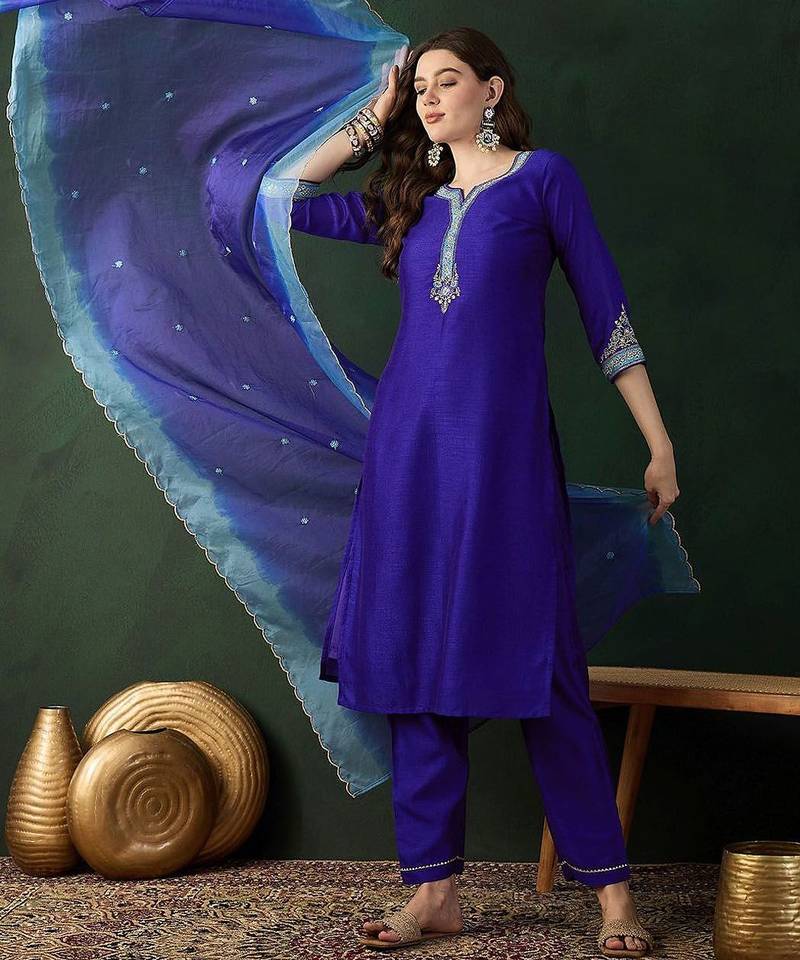 Blue floral embroidered notch neck straight kurta with trouser & dupatta