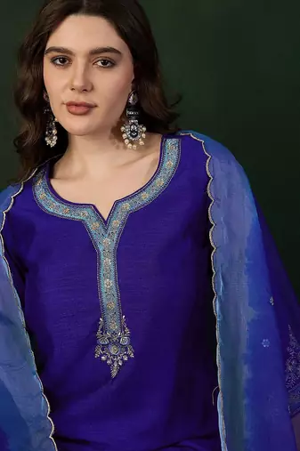 Blue floral embroidered notch neck straight kurta with trouser & dupatta