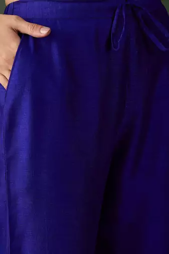 Blue floral embroidered notch neck straight kurta with trouser & dupatta