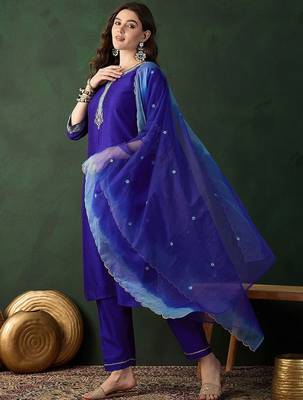 Blue floral embroidered notch neck straight kurta with trouser & dupatta 5