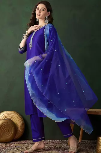 Blue floral embroidered notch neck straight kurta with trouser & dupatta