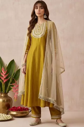 Embroidered round neck a-line kurta & trousers with dupatta
