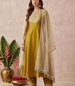 Embroidered round neck a-line kurta & trousers with dupatta