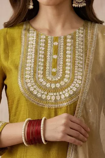 Embroidered round neck a-line kurta & trousers with dupatta