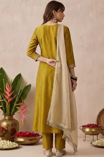 Embroidered round neck a-line kurta & trousers with dupatta