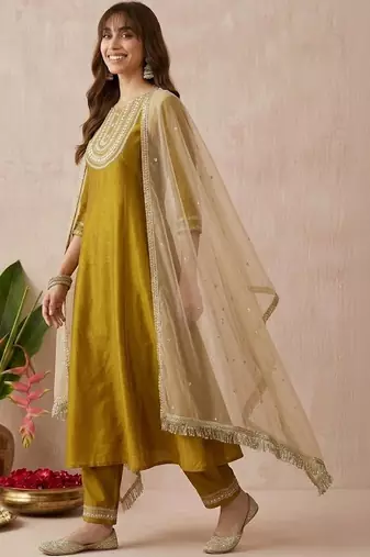 Embroidered round neck a-line kurta & trousers with dupatta