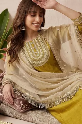 Embroidered round neck a-line kurta & trousers with dupatta