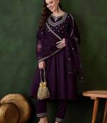 Embroidered georgette sweetheart neck anarkali kurta with trousers & dupatta