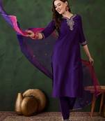 Purple floral embroidered zari straight kurta with trouser & dupatta