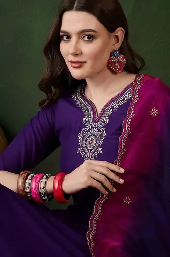 Purple floral embroidered zari straight kurta with trouser & dupatta