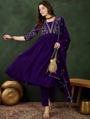 Purple floral embroidered regular sequinned georgette kurta & trouser with dupatta 1