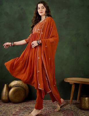 Orange floral embroidered regular sequinned georgette kurta & trouser with dupatta 1