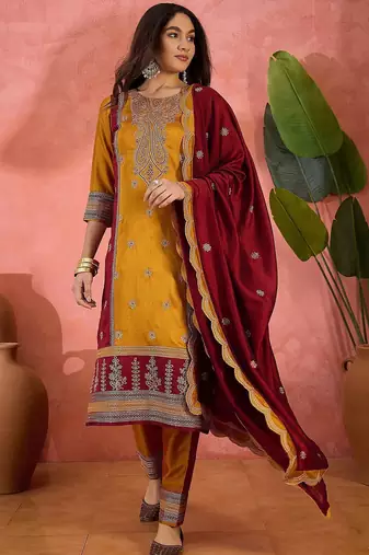 Vichitra zari sequence embroidered kurta with trousers & dupatta