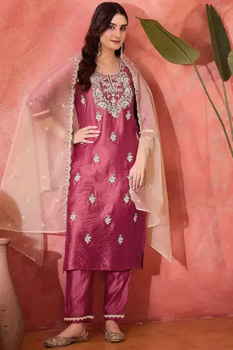 Women embroidered straight kurta & trousers with dupatta