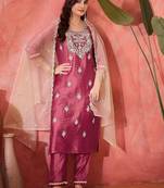 Women embroidered straight kurta & trousers with dupatta