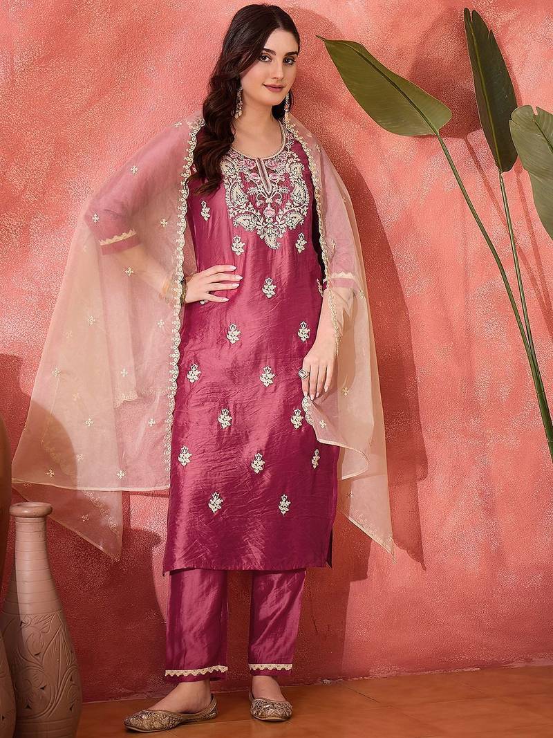 Women embroidered straight kurta & trousers with dupatta
