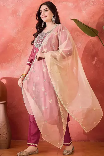 Women embroidered straight kurta & trousers with dupatta