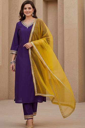 Embroidered v-neck kurta & trousers kurta set