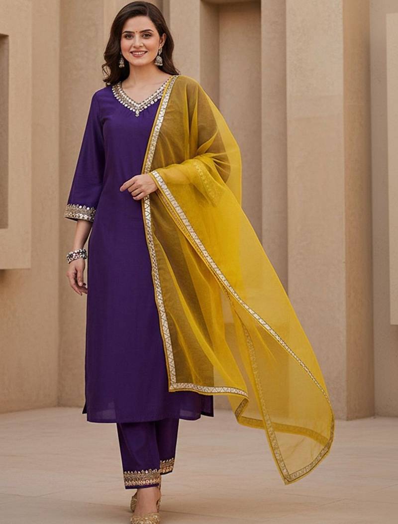 Embroidered v-neck kurta & trousers kurta set