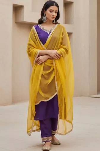Embroidered v-neck kurta & trousers kurta set