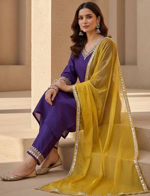Embroidered v-neck kurta & trousers kurta set 5
