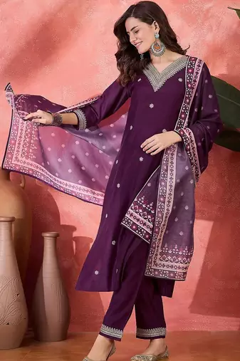 Floral embroidered v-neck straight kurta with trouser and dupatta