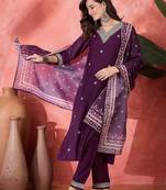 Floral embroidered v-neck straight kurta with trouser and dupatta