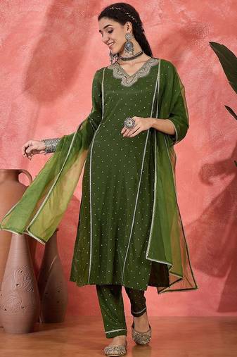 Women embroidered straight kurta with trousers & dupatta