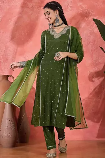 Women embroidered straight kurta with trousers & dupatta