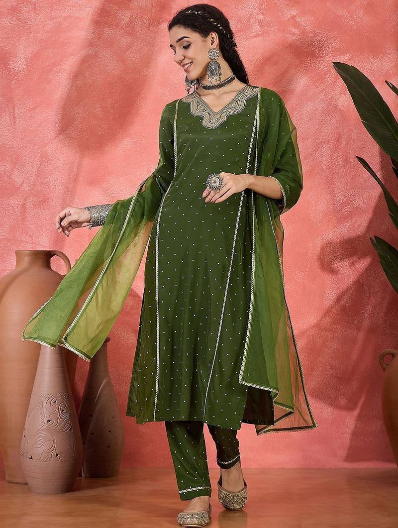 Women embroidered straight kurta with trousers & dupatta