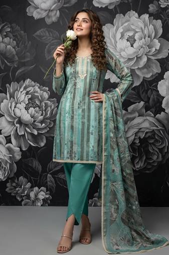 Green pure cotton lilan shimmer printed suit set with handwork