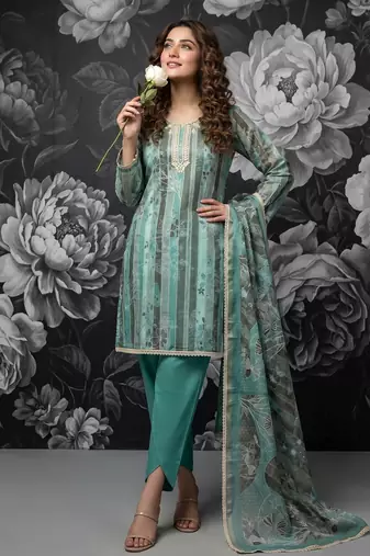 Green pure cotton lilan shimmer printed suit set with handwork