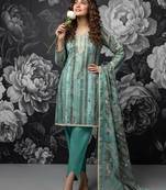 Green pure cotton lilan shimmer printed suit set with handwork