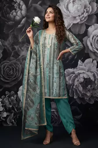 Green pure cotton lilan shimmer printed suit set with handwork