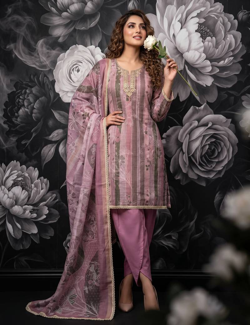 Pink pure cotton lilan shimmer printed suit set with handwork