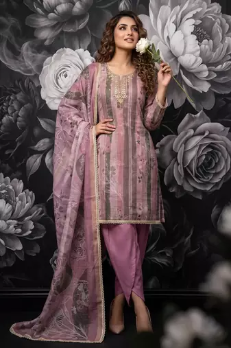 Pink pure cotton lilan shimmer printed suit set with handwork