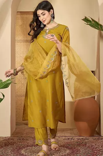 Ethnic motifs embroidered thread work chinon kurta with trousers & dupatta