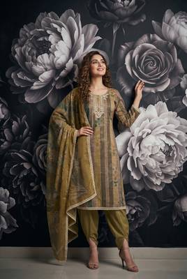 Olive pure cotton lilan shimmer printed suit set with handwork 1
