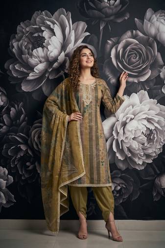 Olive pure cotton lilan shimmer printed suit set with handwork