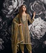 Olive pure cotton lilan shimmer printed suit set with handwork