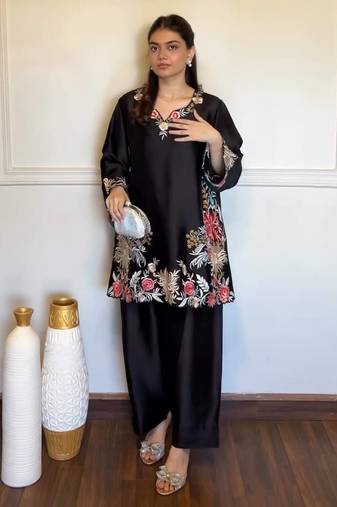 Black rayon satin thread work palazzo suit set